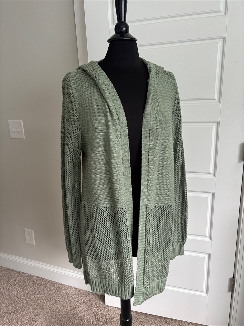 Open-Front Hooded Knit Cardigan in Sage Green